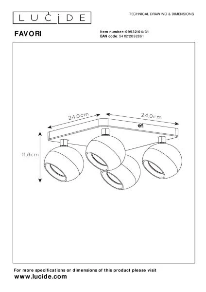 Lucide FAVORI - Plafondspot - 4xGU10 - Wit - technisch